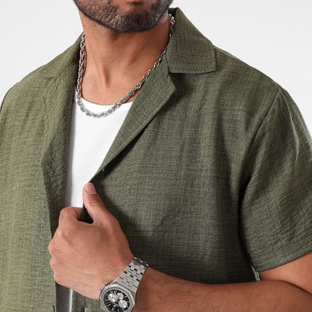 LBO - Conjunto de camisa de manga corta y pantalón corto efecto lino 1210 verde caqui
