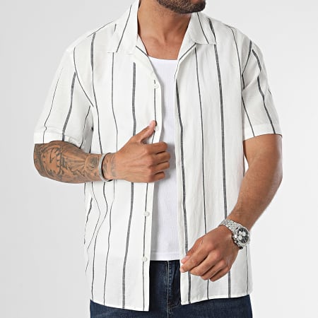 Selected - Chemise Manches Courtes A rayures Relax New-Linen Blanc
