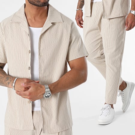 Frilivin - Conjunto de camisa beige de manga corta y pantalón de rayas