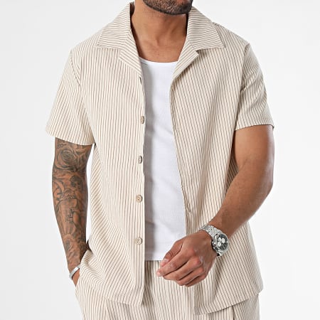 Frilivin - Conjunto de camisa beige de manga corta y pantalón de rayas