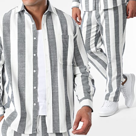 Frilivin - Conjunto de Camisa de Manga Larga y Pantalón a Rayas Blanco Azul Marino