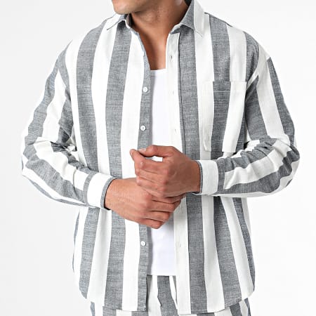 Frilivin - Conjunto de Camisa de Manga Larga y Pantalón a Rayas Blanco Azul Marino