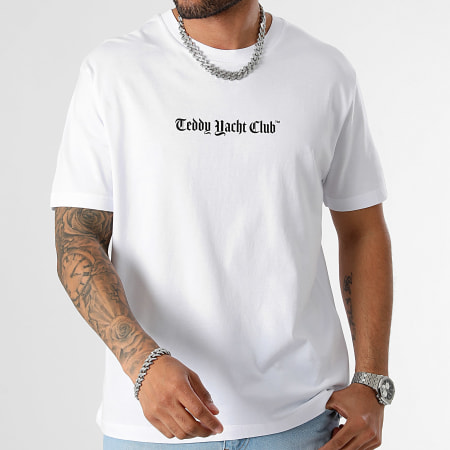 Teddy Yacht Club - Tee Shirt Oversize Large Propaganda Slogan Blu Bianco