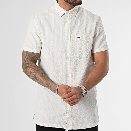 Tommy Jeans - Seersucker 8970 Beige Blanco Camisa de Manga Corta a Rayas