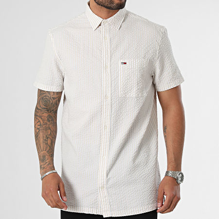 Tommy Jeans - Seersucker 8970 Beige Blanco Camisa de Manga Corta a Rayas