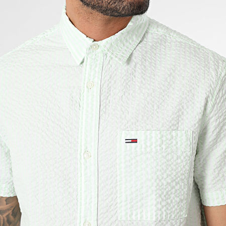 Tommy Jeans - Seersucker 8970 Blanco Verde Claro Camisa de Manga Corta a Rayas