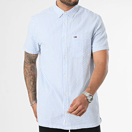 Tommy Jeans - Seersucker 8970 Wit Licht Blauw Gestreept Korte Mouw Shirt