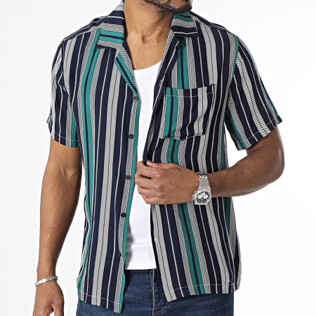 Frilivin - Camisa de manga corta a rayas azul marino, blanco y turquesa