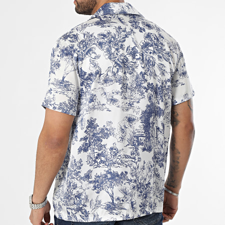 Frilivin - Camisa blanca azul marino floral de manga corta
