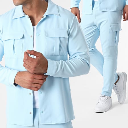 KZR - Conjunto de camisa de manga larga y pantalón cargo azul claro