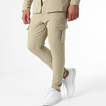 KZR - Conjunto de camisa de manga larga y pantalón cargo verde caqui