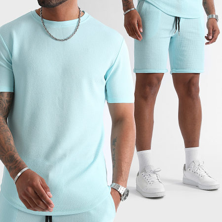 LBO - Wafel 1215 Turquoise Blauw Oversize T-shirt en gestructureerde Joggingbroek Set