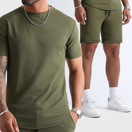 LBO - Wafel 1216 Khaki Groen Oversized T-shirt en gestructureerde joggingshortset