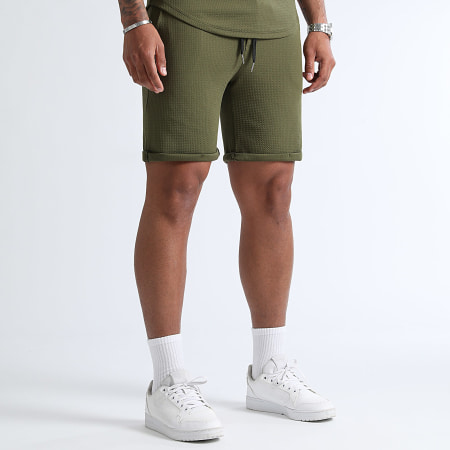 LBO - Waffle 1216 Conjunto de camiseta oversize verde caqui y pantalón corto de jogging texturizado