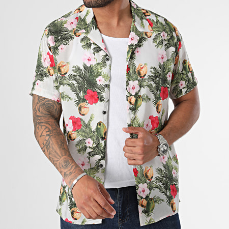 Produkt - Hawaii Korte Mouw Shirt Wit Groen Geel Roze Bloemen