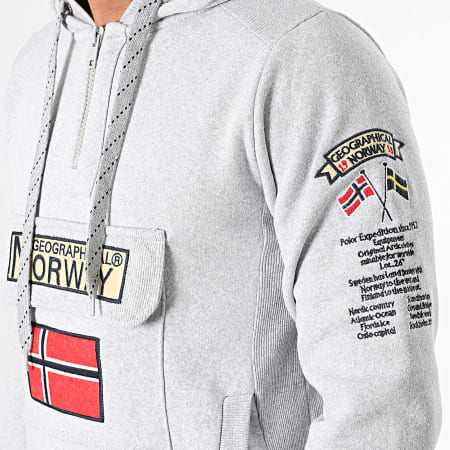 Geographical Norway - Sudadera gris jaspeada con capucha y cuello de cremallera