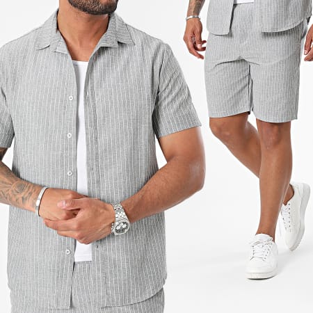 MTX - Ensemble Chemise Manches Courtes Et Short Jogging A Rayures Gris Chiné