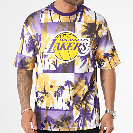 New Era - Oversize Palm Tree Mesh Tee Shirt Los Angeles Lakers 60502575 Blanco Morado Amarillo