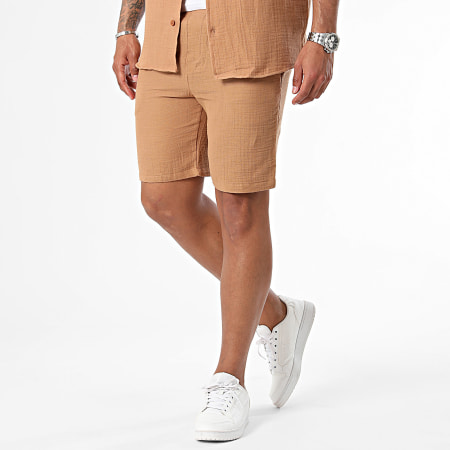 Mackten - Conjunto de camisa de manga corta camel y pantalón corto de jogging