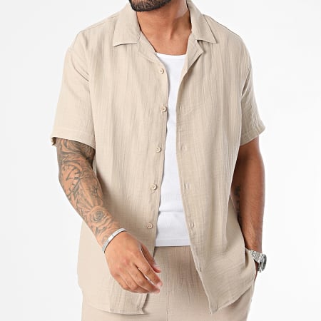 Mackten - Conjunto de camisa de manga corta y pantalón corto de jogging beige