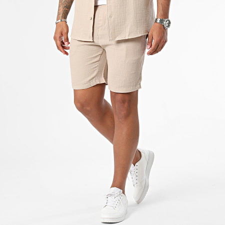 Mackten - Conjunto de camisa de manga corta y pantalón corto de jogging beige