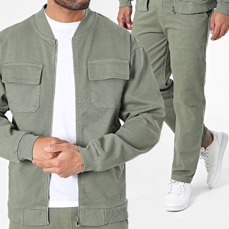 Aarhon - Set jeans e giacca con zip verde cachi 23218-23131