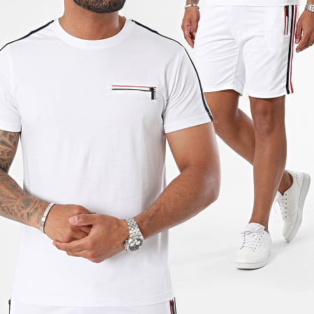 Zayne Paris  - Ensemble Tee Shirt Poche Et Short Jogging A Bandes Blanc