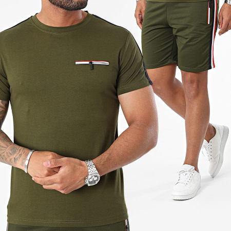 Zayne Paris  - Ensemble Tee Shirt Poche Et Short Jogging A Bandes Vert Kaki