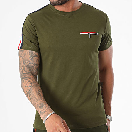 Zayne Paris  - Ensemble Tee Shirt Poche Et Short Jogging A Bandes Vert Kaki