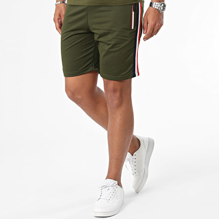 Zayne Paris  - Ensemble Tee Shirt Poche Et Short Jogging A Bandes Vert Kaki