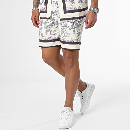 KZR - Set di camicia a maniche corte e pantaloncini da jogging beige, bianco e marrone
