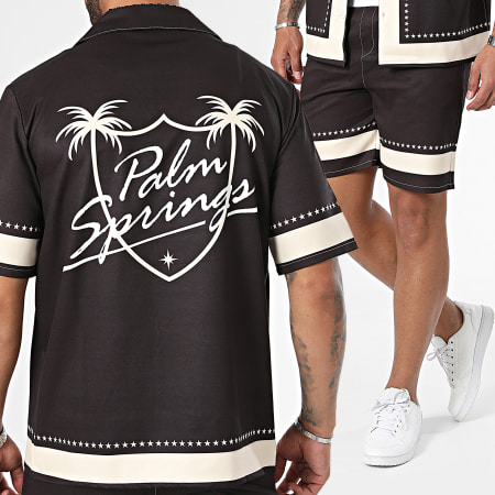 KZR - Conjunto de camisa de manga corta negra beige y pantalón corto de jogging