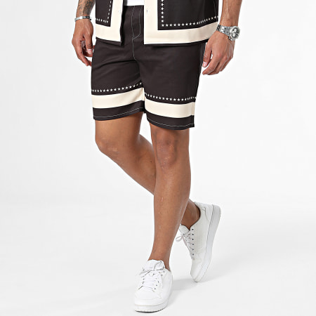KZR - Conjunto de camisa de manga corta negra beige y pantalón corto de jogging