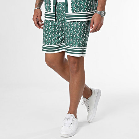 KZR - Conjunto de camisa de manga corta y pantalón corto verde oscuro blanco