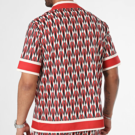 KZR - Rojo Negro Beige Camisa de manga corta y pantalones cortos de jogging Conjunto