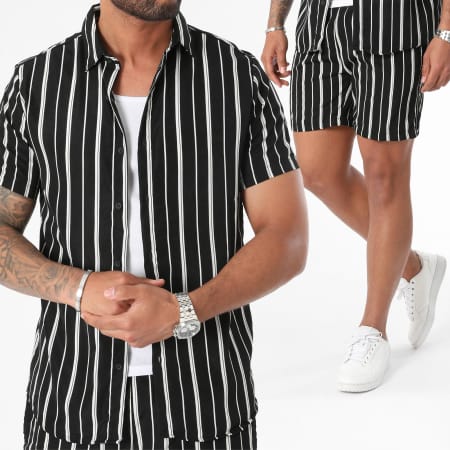 Zayne Paris  - Ensemble Chemise Manches Courtes Et Short Jogging A Rayures Noir Blanc