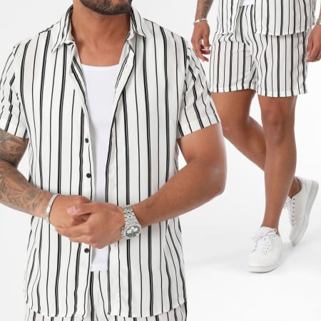 Zayne Paris  - Ensemble Chemise Manches Courtes Et Short Jogging A Rayures Blanc Noir