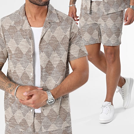 KZR - Set camicia a maniche corte e pantaloncini da jogging beige cammello