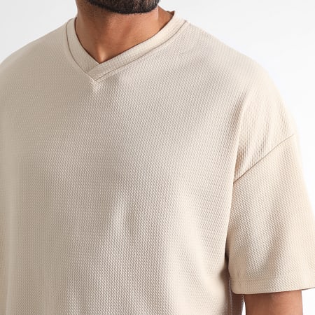 LBO - Tee Shirt Texturé Waffle Large Col V 1241 Beige