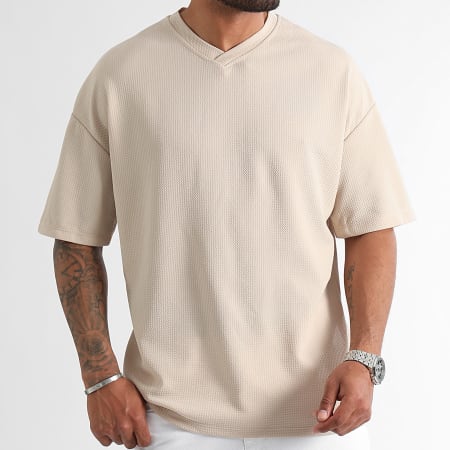 LBO - Tee Shirt Texturé Waffle Large Col V 1241 Beige