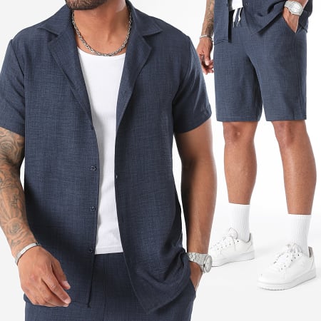 LBO - Set camicia a maniche corte e pantaloncini effetto lino 1323 blu navy
