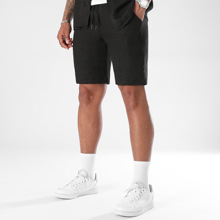 LBO - Conjunto de camisa de manga corta y pantalón corto efecto lino 1324 Negro