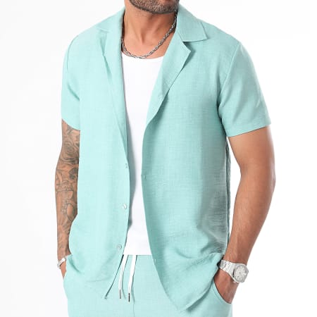LBO - Conjunto de camisa de manga corta y pantalón corto efecto lino 1325 Azul turquesa