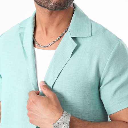 LBO - Chemise Manches Courtes Effet Lin 1328 Bleu Turquoise