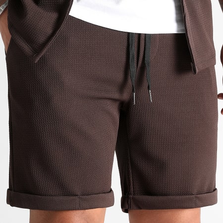 LBO - Conjunto de camisa de manga corta y pantalón corto texturizado Waffle 1192 1193 Marrón