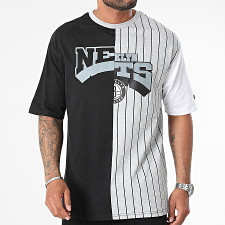 New Era - Gestreept T-shirt Brooklyn Nets Zwart Grijs