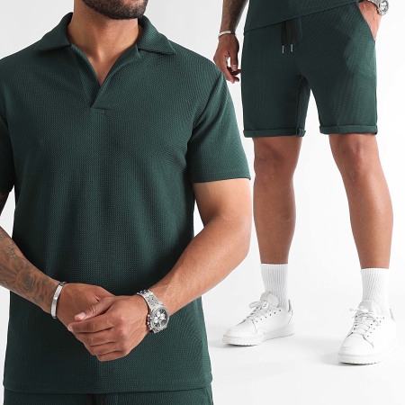 LBO - Textured Waffle Polo Manga Corta Y Jogging Short Set 1348 Bottle Green