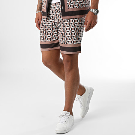KZR - Set di camicia a maniche corte e pantaloncini da jogging marrone, nero e bianco