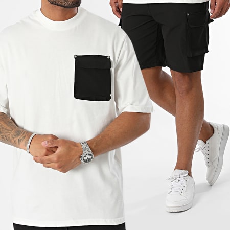 KZR - Set di maglietta con tasca bianca e nera e pantaloncini cargo