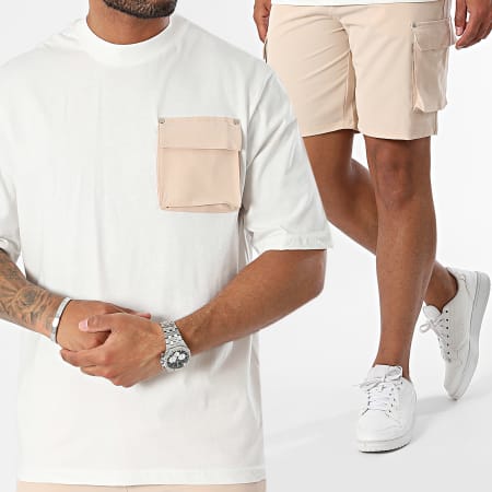 KZR - Conjunto de camiseta de bolsillo blanca beige y pantalón corto cargo